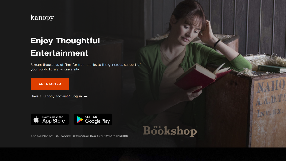The Kanopy home page is shown with a woman reading a book.