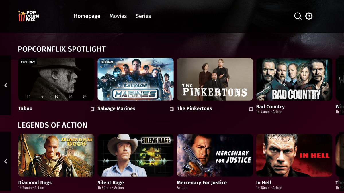 A variety of shows and movies that are available on Popcorn Flix are shown.