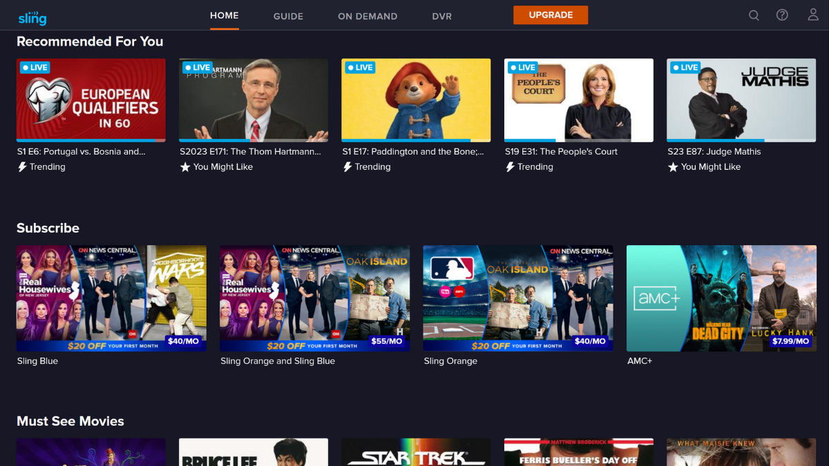 The homepage of Sling TV is shown with its library of content. 